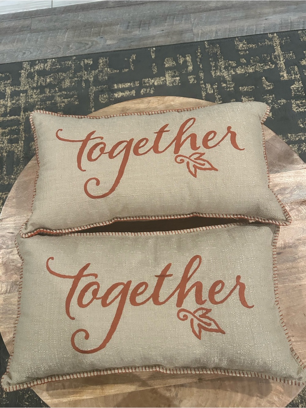 2-Beige/Burnt Orange Embroidered 'Together' Accent Pillows w/ Corduroy Backing